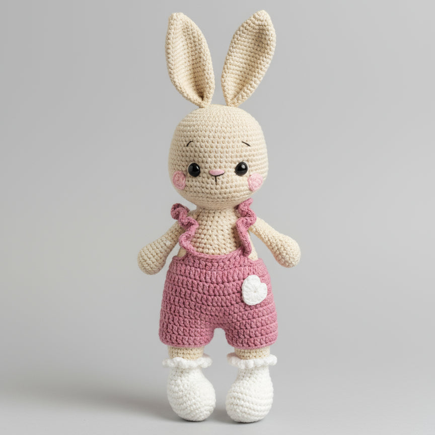 Crocheted bunny with rosy cheeks wearing pink overalls and white booties