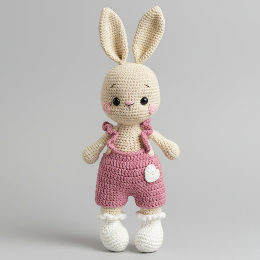 Crocheted bunny with rosy cheeks wearing pink overalls and white booties