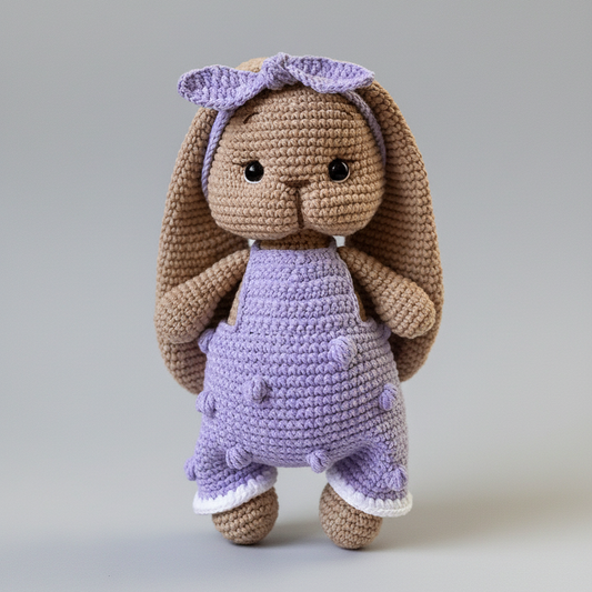 Crocheted bunny with long ears wearing a lavender dress and bow