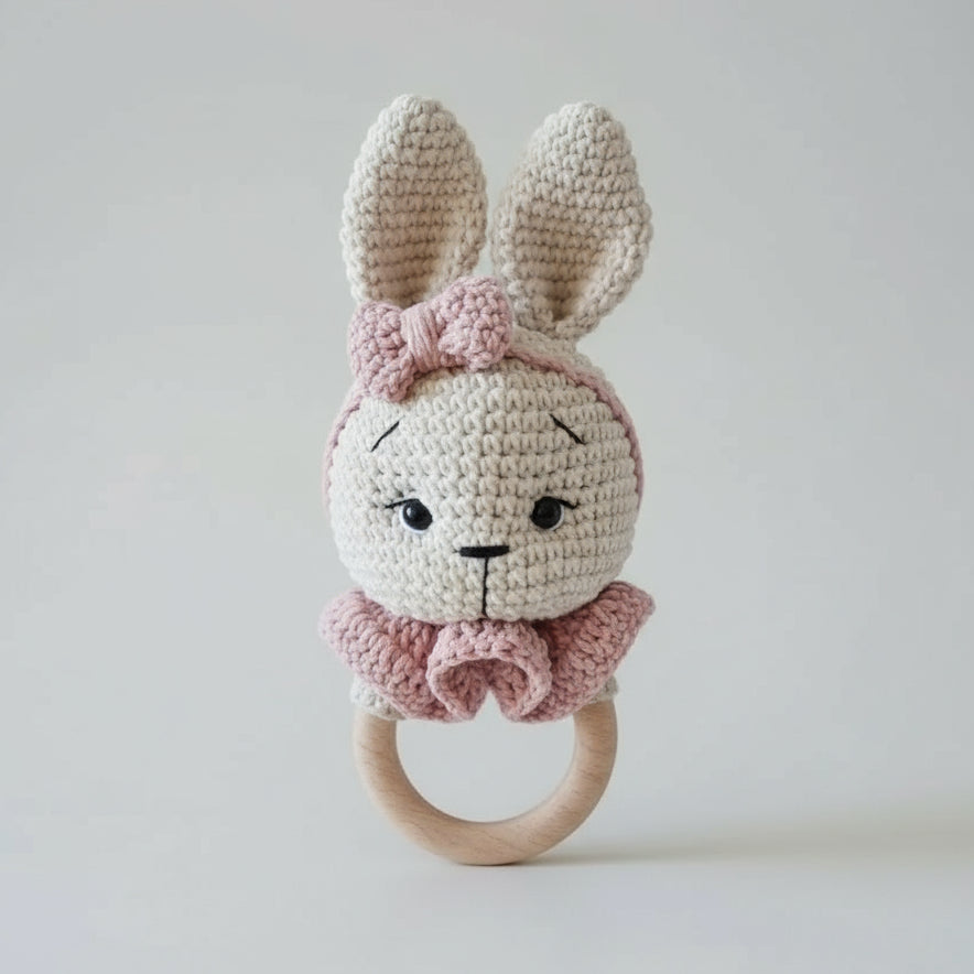 Crocheted bunny rattle with pink bow and ruffle, attached to wooden teething ring