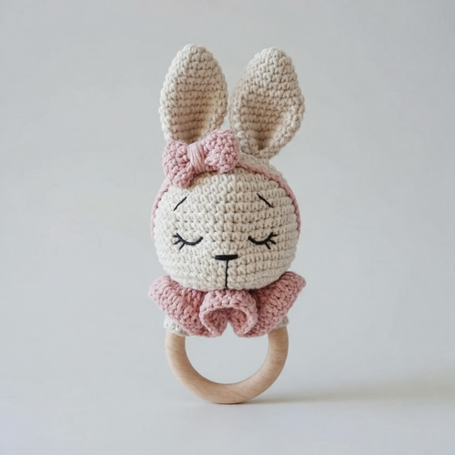 Crochet Bunny Rattle Toy with Bell, rattle by Joy Gift London