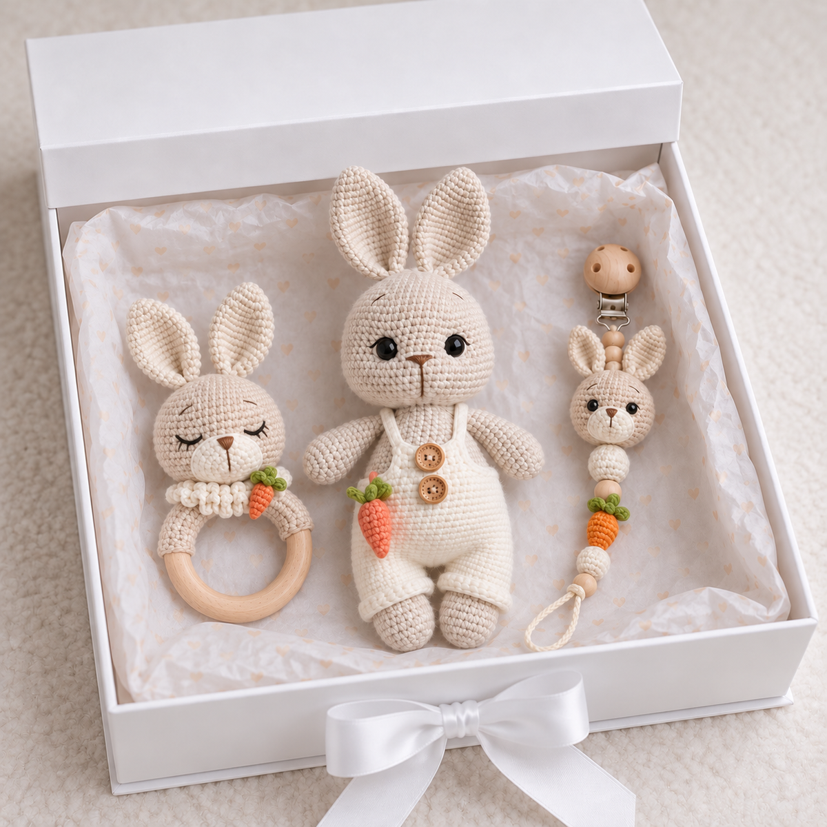 Crochet Cute Bunny Toy Gift Set 3pc - Personalised Dummy Clip Joy Gift London
