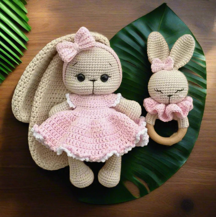 Crochet Cute Bunny Toy in Blue Jumpsuit and Rattle Toy Gift Set 2pc