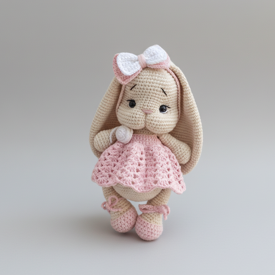 Crocheted bunny doll with long ears, wearing a pink dress and white bow