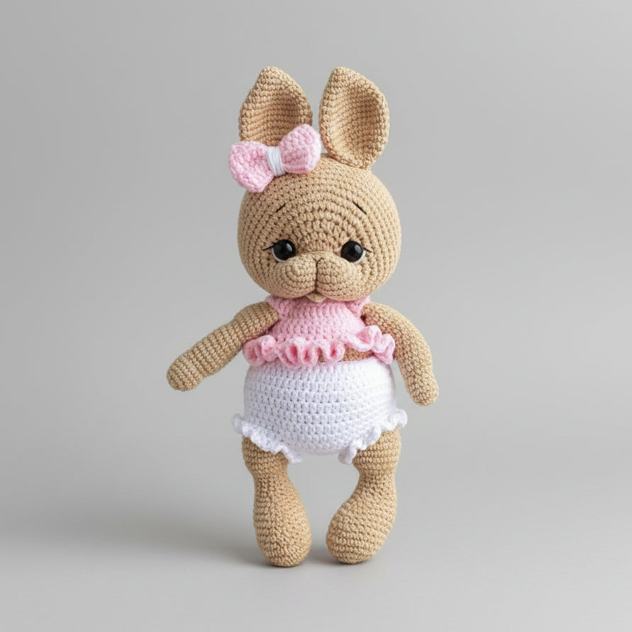 Crocheted bunny with pink bow and ruffled outfit, standing against a gray background