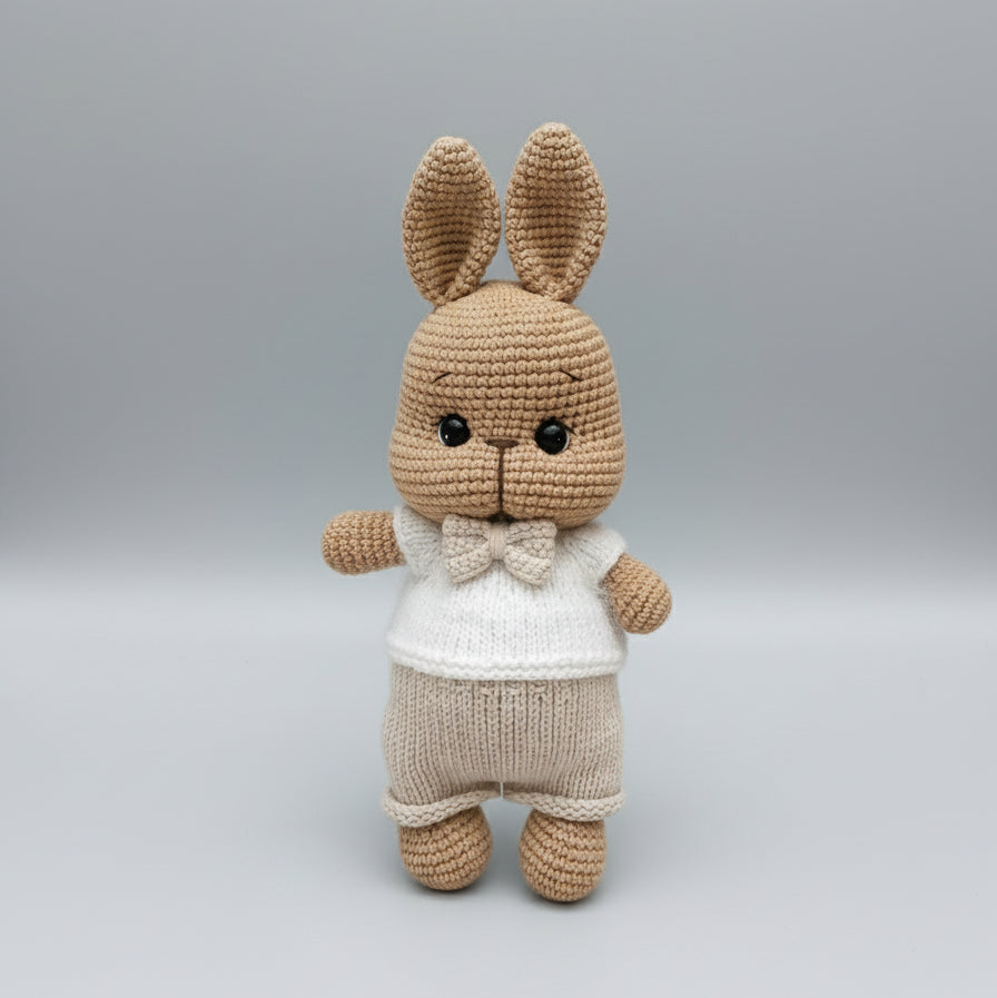 Crocheted bunny in white sweater and bowtie, standing on neutral background