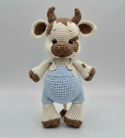 Crochet Cute Cow Toy in Blue Jumpsuit and Rattle Toy Gift Set 2pc by Joy Gift London