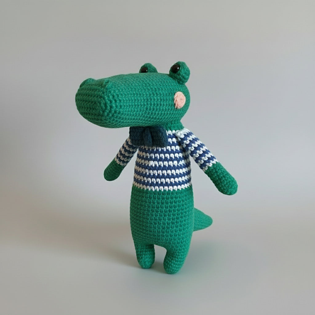 Green crocheted crocodile stuffed animal wearing blue and white striped sweater