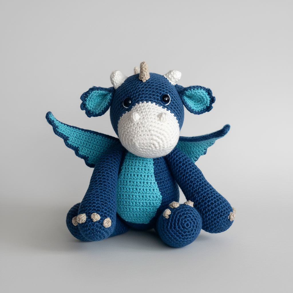 Blue and teal crocheted dragon stuffed animal with wings and horns