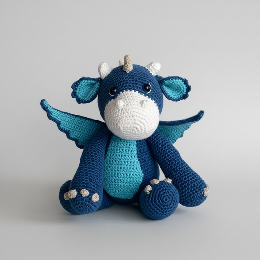 Blue and teal crocheted dragon stuffed animal with wings and horns