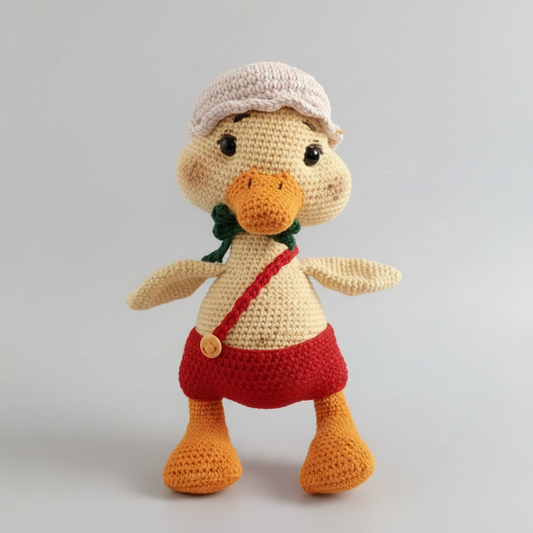 Crocheted duck toy with white cap, red shorts, and green bow tie