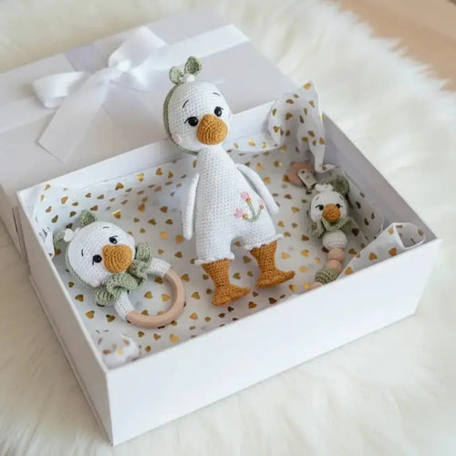 Crochet Cute Duck Toy Gift Set with Rattle Toy and Dummy Clip by Joy Gift London