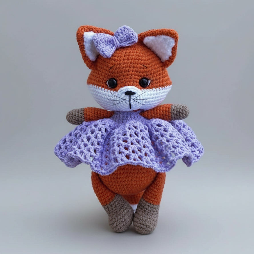 Crocheted fox amigurumi in orange and purple, wearing a lacy skirt and bow