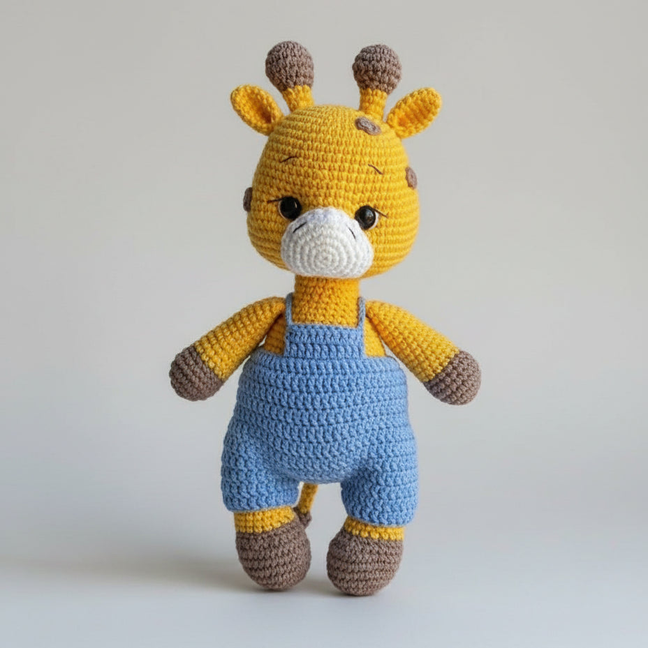 Crocheted yellow giraffe stuffed animal wearing blue overalls, standing against gray background