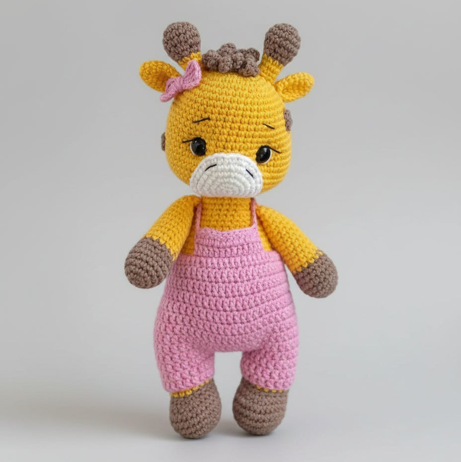 Crocheted yellow giraffe in pink overalls with brown limbs and a pink bow