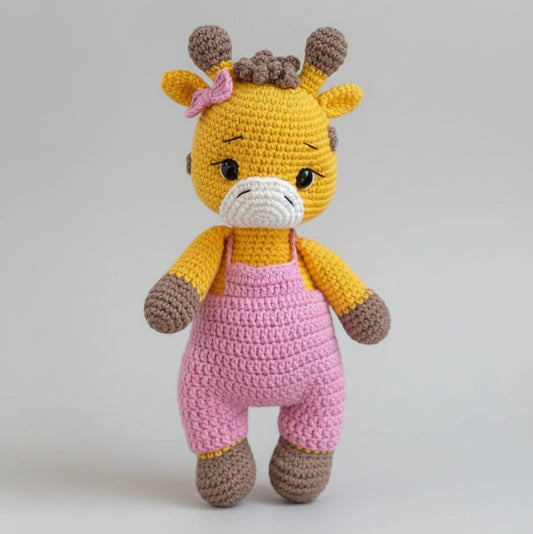 Crocheted yellow giraffe in pink overalls with brown limbs and a pink bow