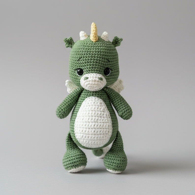 Green crocheted dragon stuffed animal with white belly and yellow horn