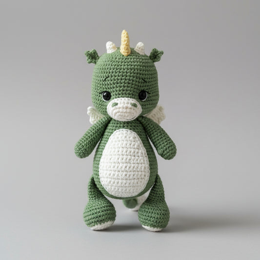 Green crocheted dragon stuffed animal with white belly and yellow horn