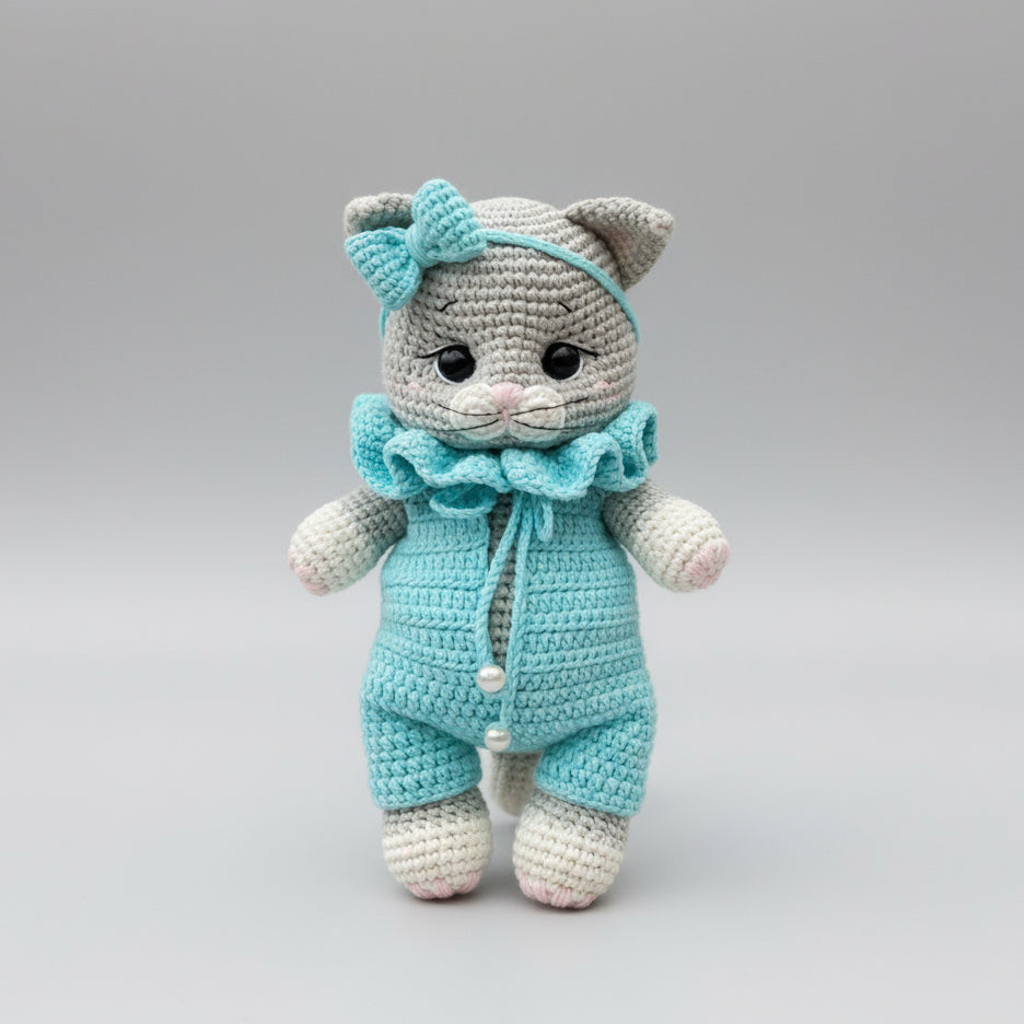 Crocheted cat doll in aqua blue onesie with ruffled collar and bow