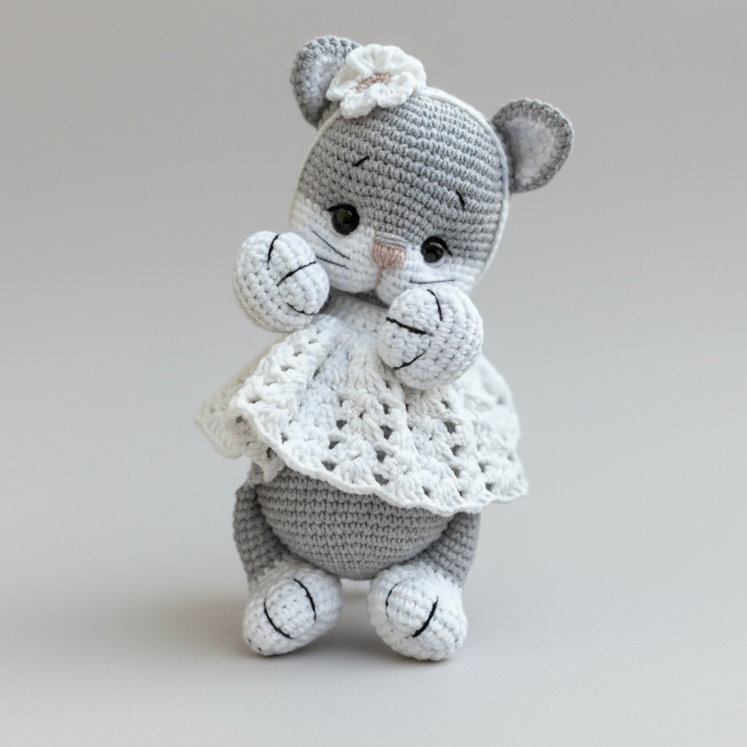 Crocheted gray mouse with white lace dress and flower, sitting sweetly.