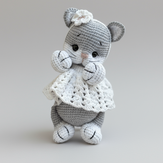 Crocheted gray mouse with white lace dress and flower, sitting sweetly.