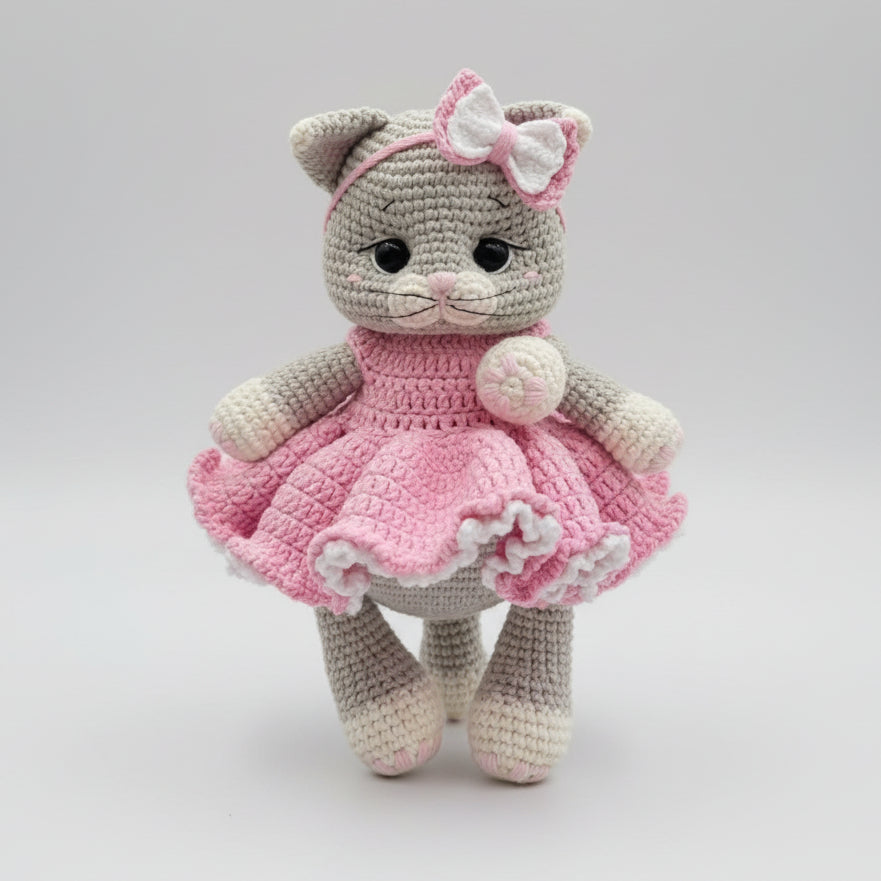 Crocheted gray cat in pink dress with bow, handmade amigurumi toy on white background