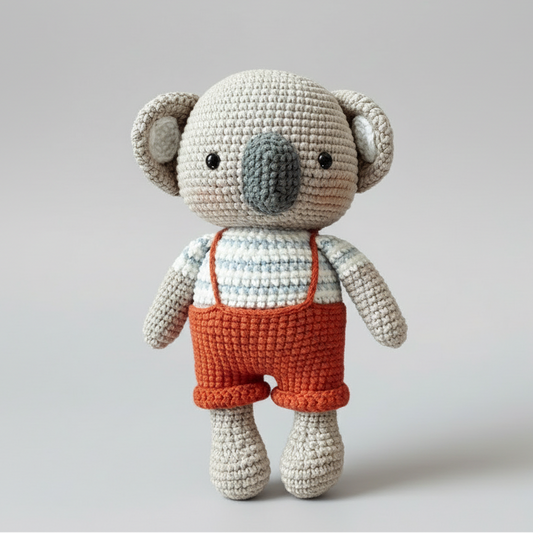 Crocheted koala stuffed animal wearing orange overalls on neutral background