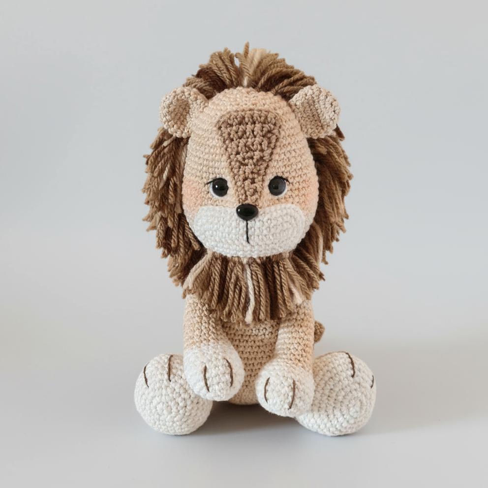 Crocheted lion stuffed animal with brown mane and white paws sitting upright