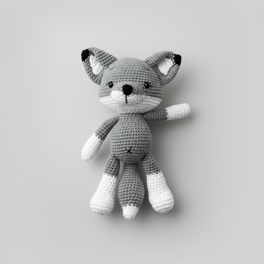 Crocheted gray and white fox stuffed animal on plain background