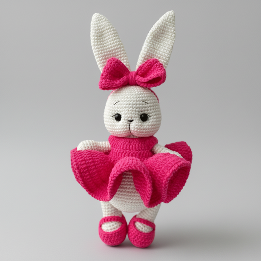 Crocheted white bunny with pink bow, dress, and shoes, standing against gray background