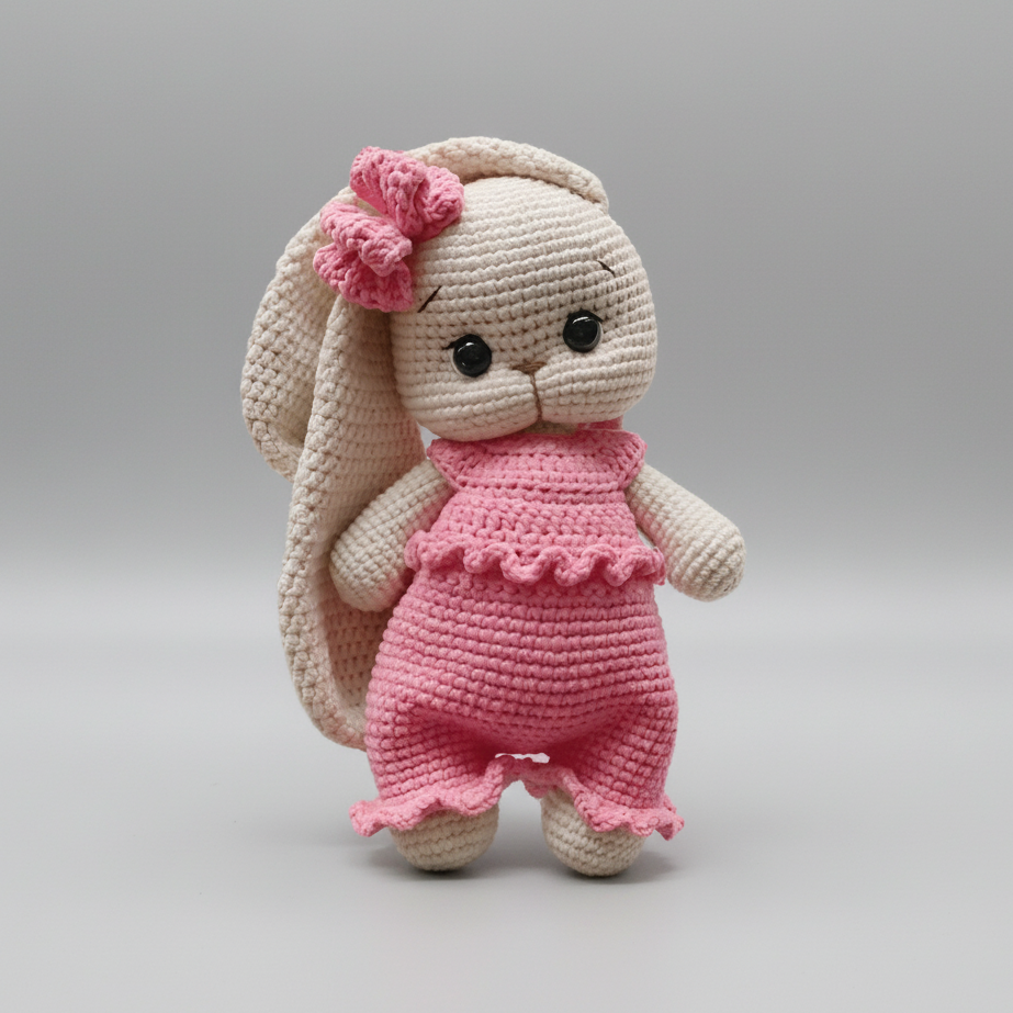 Crocheted bunny doll with pink bow and ruffled outfit, standing against gray background