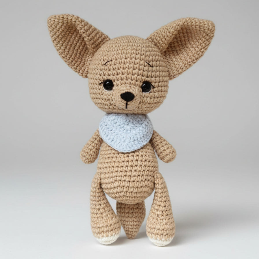 Crocheted tan Chihuahua stuffed animal with blue scarf, standing upright