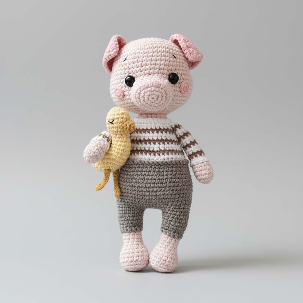 Crocheted pig toy in striped sweater, holding a small yellow companion figure.