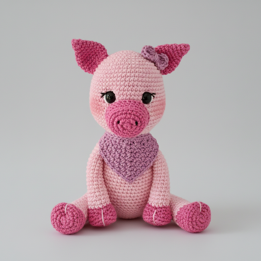 Crocheted pink pig with purple bandana, sitting upright on gray background