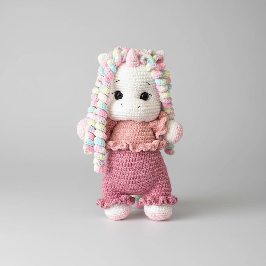 Crocheted unicorn doll in pink dress with colorful curly mane and tail