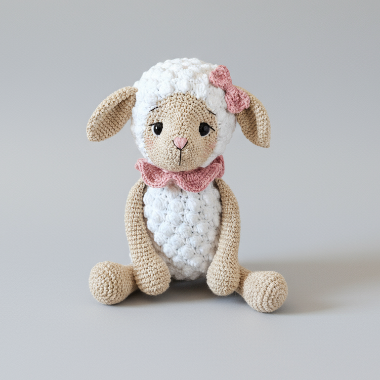 Crocheted lamb toy with white fluffy body, pink bow, and beige limbs sitting against gray background