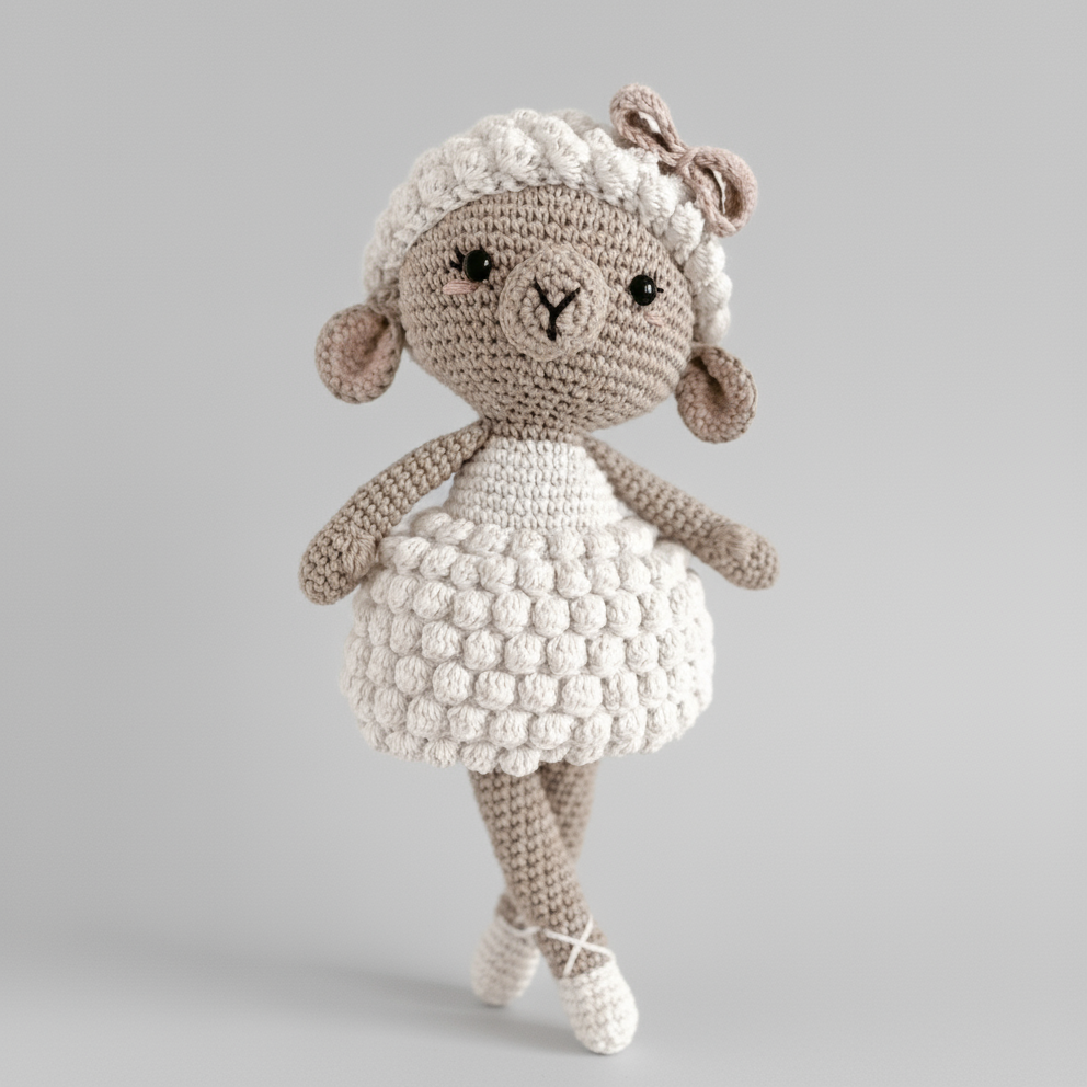 Crocheted lamb doll with fluffy white body, standing on tiptoes against a gray background