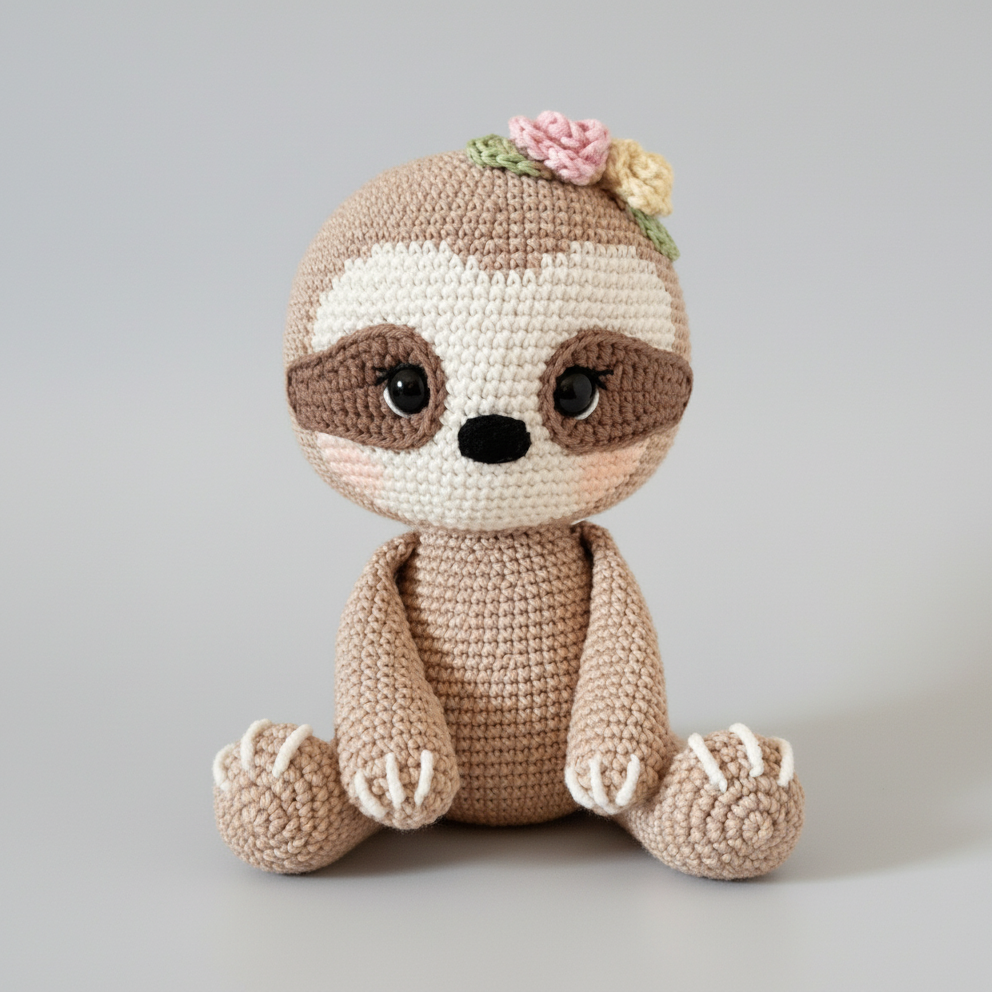Crocheted sloth plushie with flower crown, sitting against neutral background