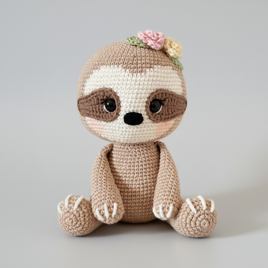 Crocheted sloth plushie with flower crown, sitting against neutral background