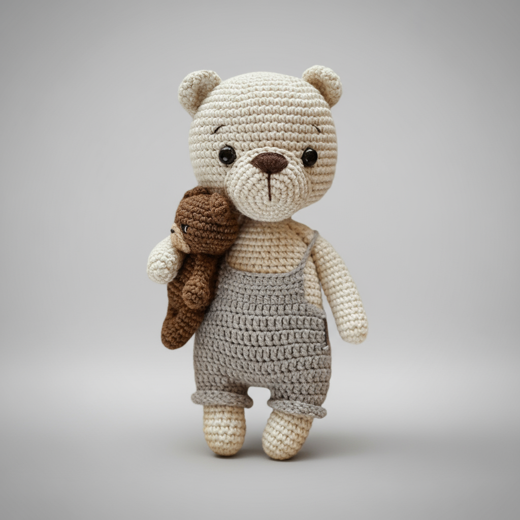 Crocheted teddy bear in gray overalls, holding a small brown stuffed animal friend.