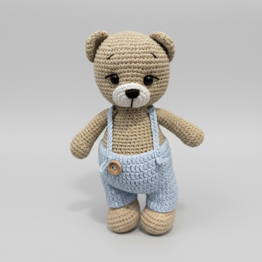Crocheted teddy bear in light blue overalls, standing against a neutral background