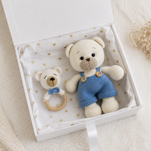 Crochet White Teddy Bear Toy in Blue Jumpsuit and Rattle Toy Gift Set 2pc, rattle by Joy Gift London