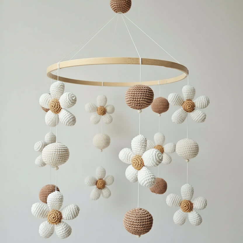 Crocheted baby mobile with white and brown spheres and daisy-like flowers hanging from wooden ring
