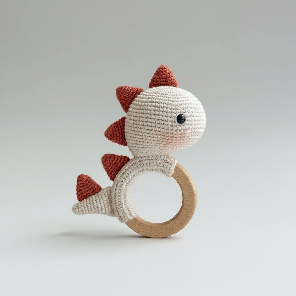 Crocheted white and red dinosaur teething ring held by a hand, with similar toys in background