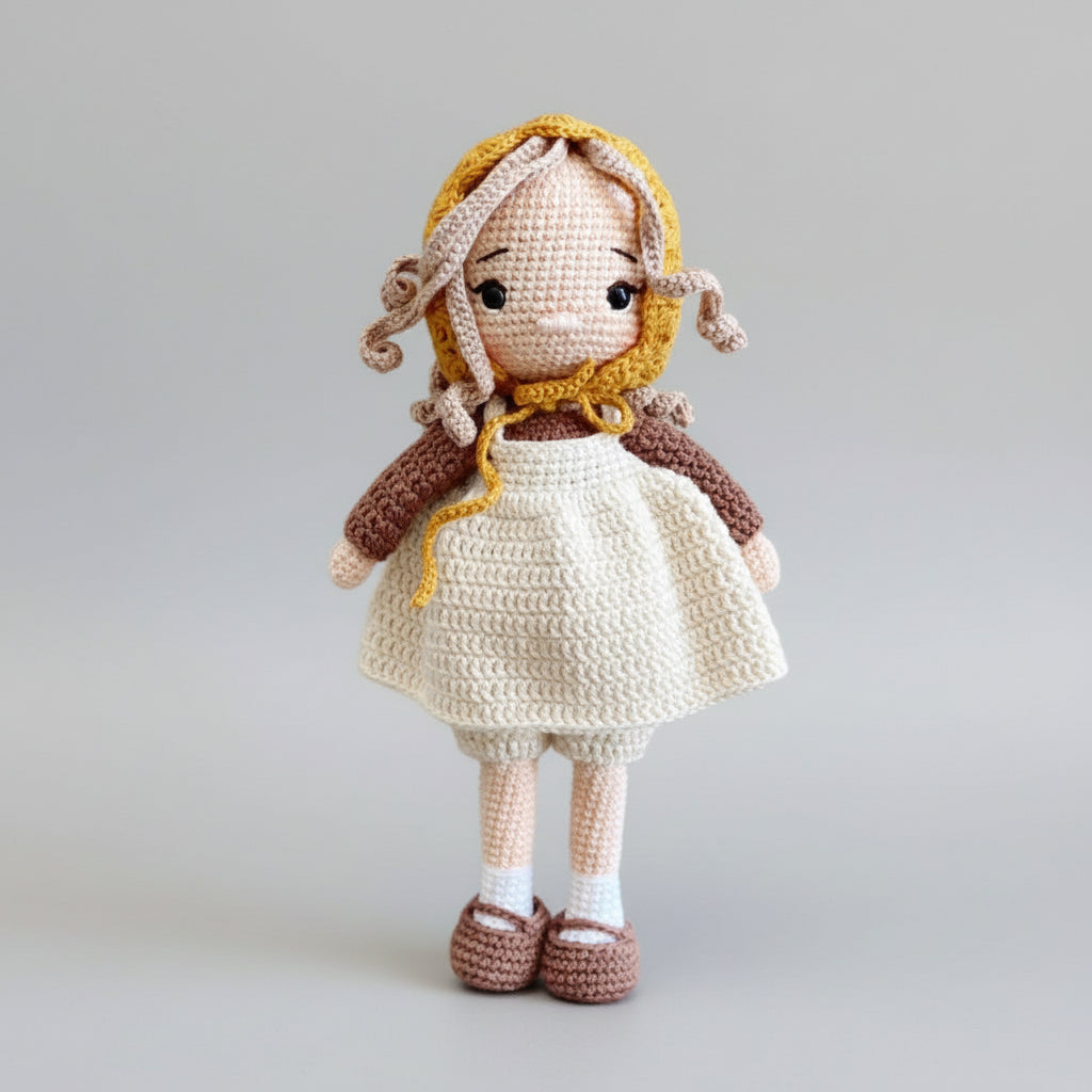 Crocheted doll with yellow bonnet, white dress, and brown shoes standing against gray background