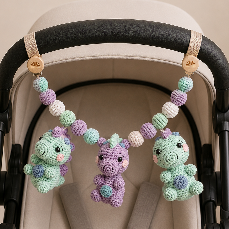 Crochet Dragon Car Seat Toy – Pastel Dragon Hanging Rattle for Prams & Pushchairs Joy Gift London