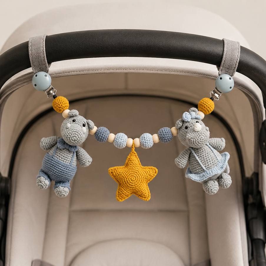 Crochet Hippo Car Seat Toy – Hippo Hanging Rattle with Star for Prams Joy Gift London