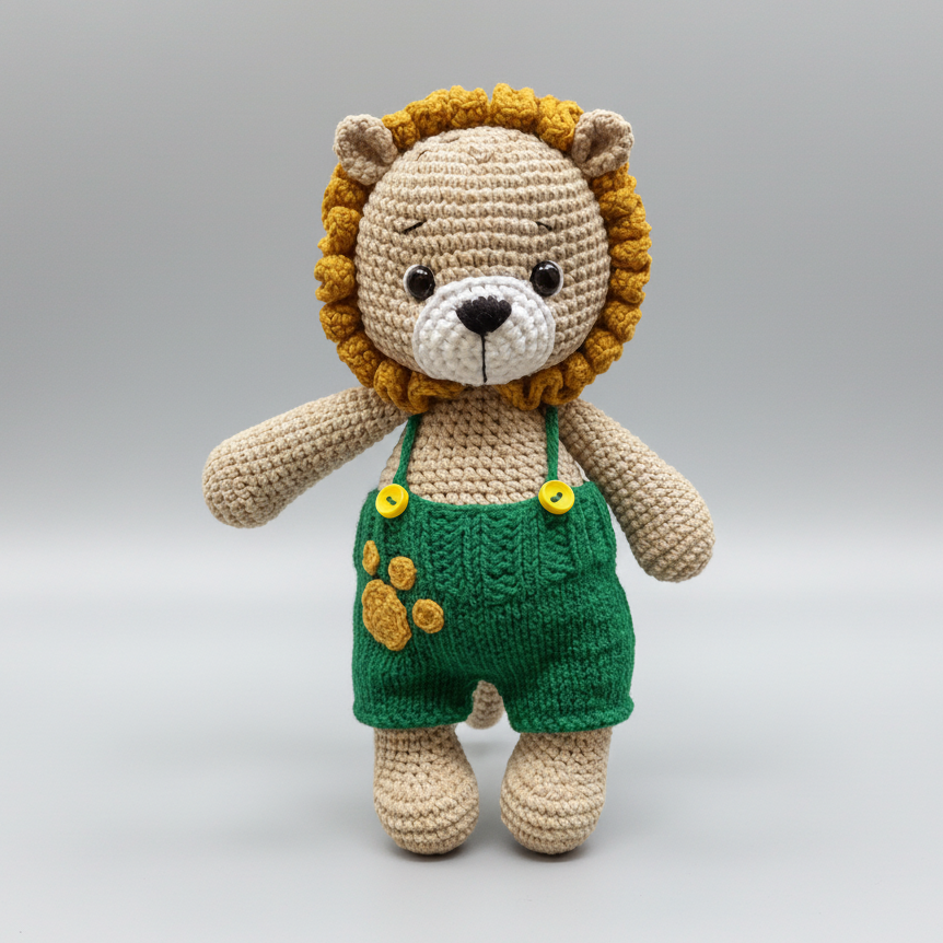 Crocheted lion stuffed animal wearing green overalls with yellow buttons