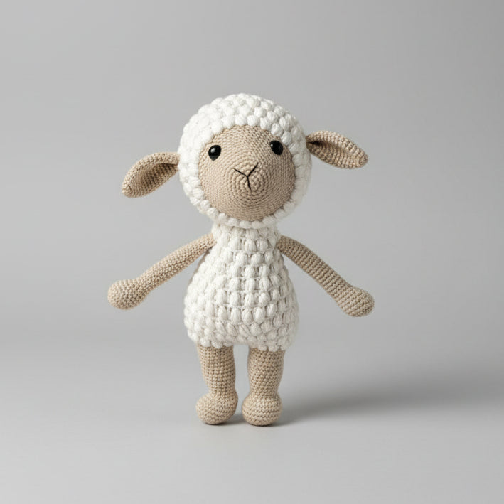 Crocheted lamb toy with white fluffy body and beige limbs, standing on a gray background