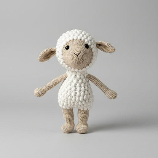 Crocheted lamb toy with white fluffy body and beige limbs, standing on a gray background